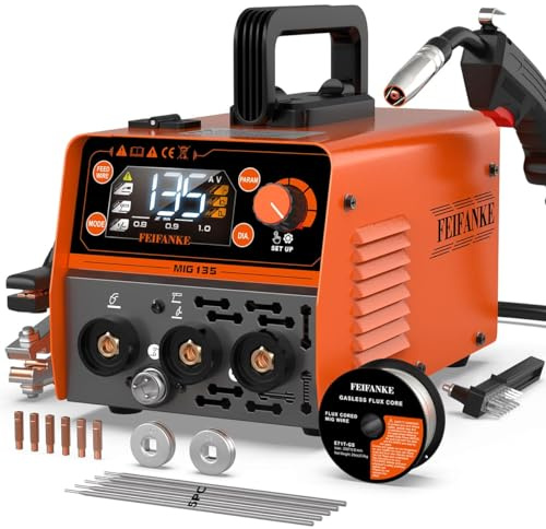 FEIFANKE MIG135 FüLldraht SchweißGeräT Ohne Gas 135A 230V Synergie Mini IGBT Inverter SchweissgeräT 3 in 1 MIG WIG Elektroden SchweißGeräT Schneller Drahtvorschub Kompatibel mit E308LFC-O Schweißdraht