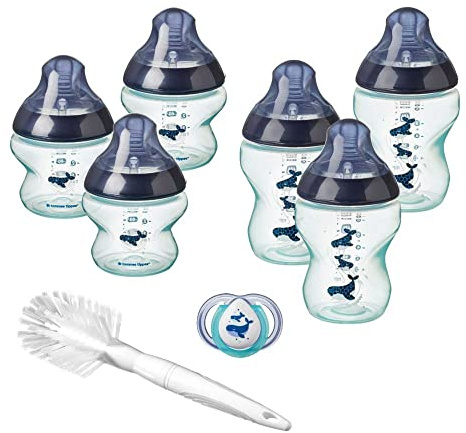 Tommee Tippee Babyfläschchen Set Closer to Nature für Neugeborene, Anti-Kolik Ventil, weicher Sauger, Weiß mit Dekorationen