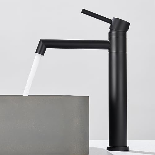 Ulytid Waschtischarmatur hoch, Wasserhahn Bad Schwarz, 360° schwenkbar | 204mm Auslaufhöhe, Einhebelmischer, Belüfter mit Schlüssel, SU304 Edelstahl, für Waschbecken Gäste WC