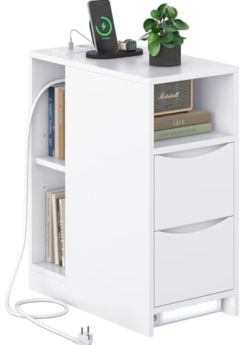 Brinlawb Nachttisch Schmal mit Ladefunktion und LED-Beleuchtung, Nachtschrank mit 3 offenen Fächern, 2 Schubladen Beistelltisch Schmal Sofatisch für Wohnzimmer, Schlafzimmer, Perfekt für kleine Ecke