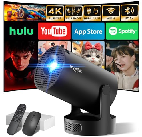Mini Beamer Unterstützt 4K 1080P, Projektor Tragbarer mit WiFi 6 und Bluetooth 5.4, Beamer Klein Projektor Auto Keystone 180°Dreh Kompatibel mit HDMI/TV Stick/Memory Stick/Laptop, Schwarz
