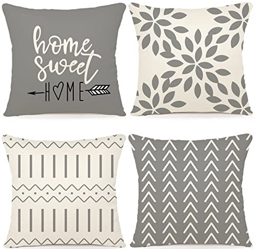 YCOLL Kissenbezug 40x40 4er Set Leinen Dekokissen Kissenbezüge Outdoor Kissen Sofakissen für Sofa Schlafzimmer Gartenbett 40x40cm, Grau Druck