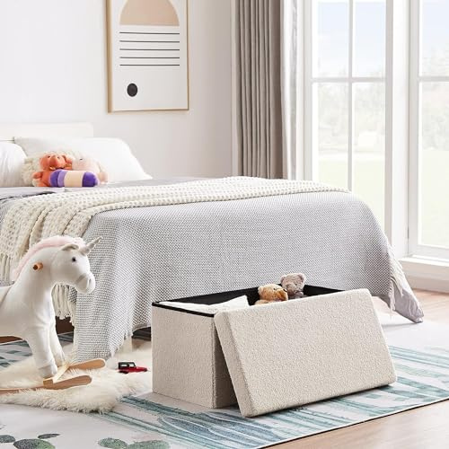 Zedelmaier Sitzbank Sitzwürfel mit Stauraum Plüschstoff Fußbank Truhen Aufbewahrungsbox faltbar belastbar bis 300 kg, Deckel abnehmbar, 76 x 38 x 38 cm (Beige-76)