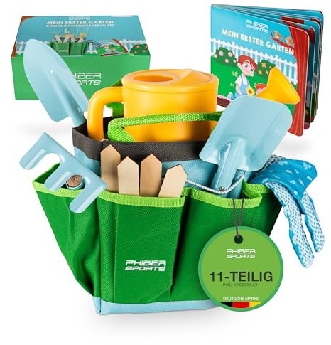 PHIBER-SPORTS Kinder Gartenwerkzeug Set (11 Teile) mit Kindergartenbuch | Gartengeräte für Kinder ab 3 Jahre, auch für Sand und Strand - Garten Werkzeug aus Metall, Gießkanne, Gartenhandschuhe Tasche