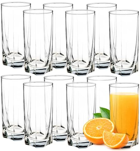 KADAX Trinkgläser aus hochwertigem Glas, 12er Set, Wassergläser, dickwandige Saftgläser, geriffelte Gläser für Wasser, Drink, Saft, Party, Cocktailgläser, Getränkegläser (12er SET 380ml hoch)