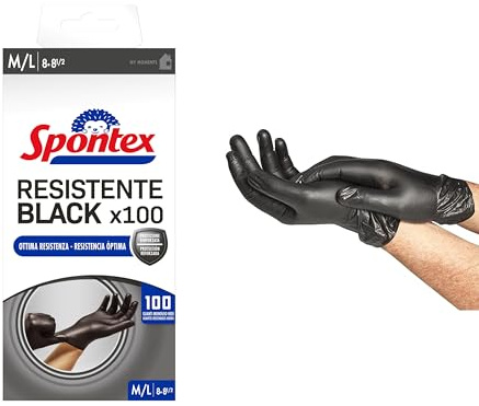 Spontex Einweghandschuhe Nitril, schwarz, strapazierfähig, schwarz, 100 Stück, latexfrei und puderfrei, Mehrzweck-Handschuhe, Größe M/L