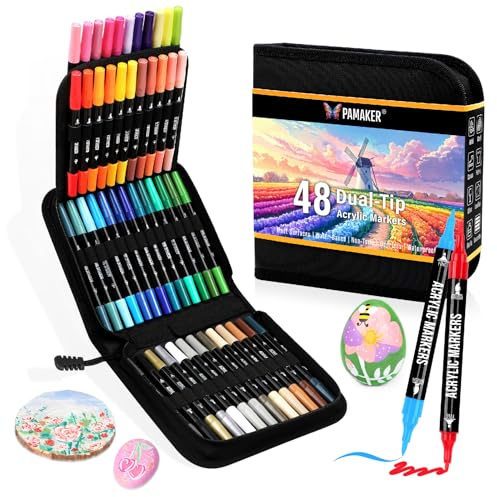 Acrylstifte Acryl Marker Set, 48 Farben Dual Tip mit dünner & dicker Spitze | Acrylstifte für Steine wasserfest: Vielseitige Acrylfarben für Künstler & DIY Projekte auf Stoff, Stein, Glas, Keramik