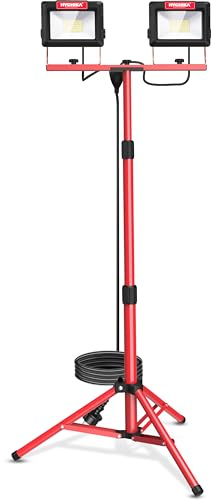 HYCHIKA LED Baustrahler Arbeitsstrahler mit Stativ 2x60W, LED Strahler 2x7000 Lumen,1.75M Einstellbar Teleskopisch, 360°Grad Drehung 3M Kabel