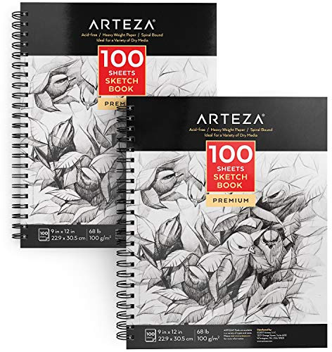 ARTEZA Zeichenblock 22.9 x 30.5 cm 2er-Pack, spiralgebundene Skizzenblöcke je 100 Blatt, robustes säurefreies Zeichenpapier 68 lb/ 100gsm für Erwachsene und Kinder