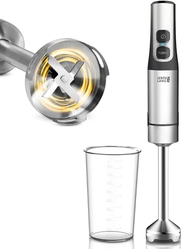 LEBENLANG 1500W Stabmixer Edelstahl - Inkl. 800ml Messbecher & Spritzschutz I Stufenlos verstellbar & Turbo I Pürierstab Zauberstab Mixer Mixstab Elektrische Hand Blender Purierstabmixer Pürierstäbe