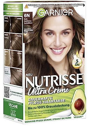 Garnier Nutrisse Dauerhafte Pflege-Haarfarbe mit nährenden Fruchtölen, Coloration mit 8 Wochen Halt, Ultra Crème Tönung, 6N Nude Natürliches Dunkelblond