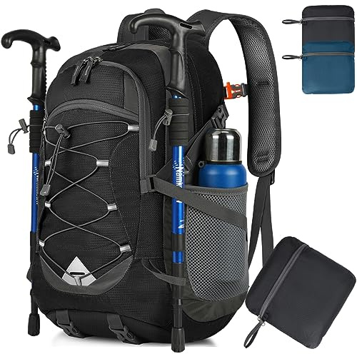 IGOLUMON Wanderrucksack Herren Damen 40L Wasserdichter Rucksack Leicht Faltbarer Reiserucksack Trekkingrucksack mit Reflexstreifen Für Radfahren, Klettern, Bergsteigen und Reisen Sport，Schwarz