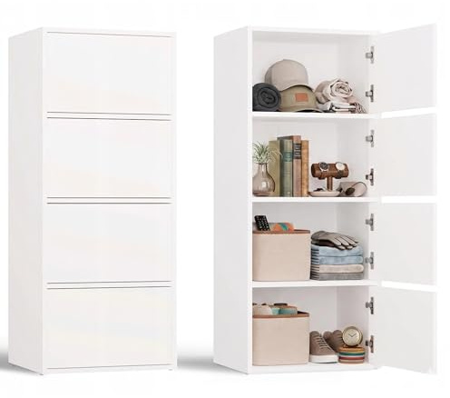 CDF Kommode Mehrzweckschrank 4 Türen Highboard Allzweckschrank Hochkommode | Flurschrank für Wohnzimmer Büro Flur Schlafzimmer Aktenschrank Weiß Regalschrank 16 mm Platte 40x50x119 cm