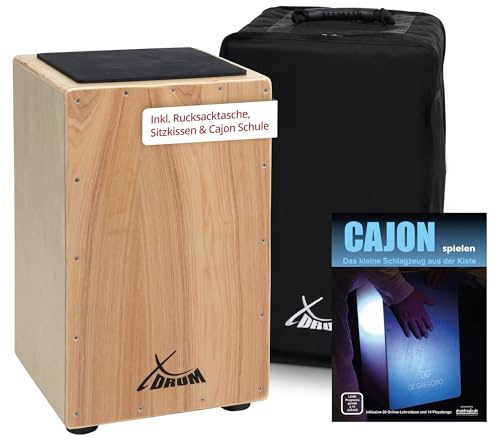 XDrum Cajon Primero Natur - Kistentrommel inkl. Rucksacktasche und Schule - Trommelkiste mit Snare Sound - Holz Drum Kiste mit Gigbag