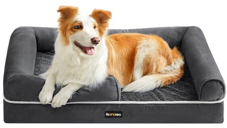 Feandrea Orthopädisches Hundebett, Hundekissen, Hundekorb, weiche Polsterung, Hundesofa, erhöhte Ränder, Bezug abnehmbar und waschbar, 91 x 63 x 18 cm, rutschfeste Unterseite, dunkelgrau PGW076G01V1