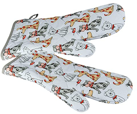 SPOTTED DOG GIFT COMPANY - 2 Set Hitzebeständig Lange Ofenhandschuhe Verdickte Hitzeresistente Topflappen Backhandschuhe aus Qualitäts Weiß Baumwolle mit Süß Hund-Motiv für Hundeliebhaber Geschenk