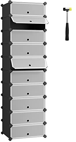SONGMICS Schuhregal, Steckregal, Regalsystem, Schuh-Organizer, DIY-Regal, mit Tür, aus PP-Kunststoff, 10 Ebenen, schwarz LPC10HV1