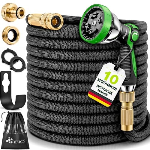 TRESKO® Flexibler Gartenschlauch 22,5 m mit 3-Fach Latex & 10 Modi Brause | FlexiSchlauch dehnbar inkl. 1/2 & 3/4 Adapter, Wandhalterung & Tasche | Wasserschlauch Flexibel mit Messing Anschlüssen