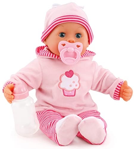 Babypuppe First Words mit Schlafaugen, spricht 24 Babylaute, mit Schnuller und Flasche, 38 cm, Rosa/Streifen