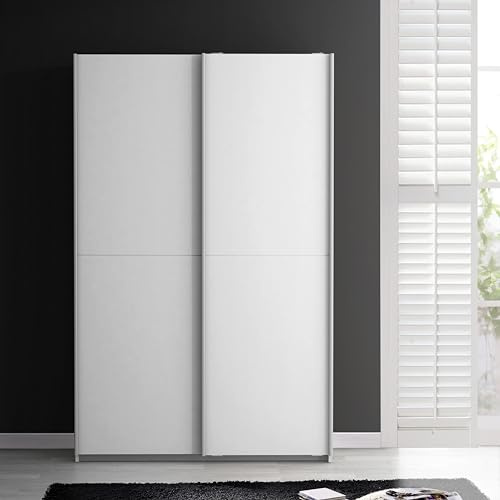 FORTE Ohio 40 weißer Mehrzweckschrank modern, 2-türig mit Einlegeböden, Schwebetürenschrank, Garderobenschrank, Holzwerkstoff, Weiß Matt, 120 cm breit x 42 cm tief x 190,5 cm hoch