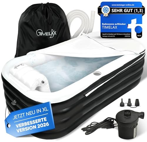 TIMELAX® Badewanne Aufblasbar XL [Ergonomische Rückenlehne] 0,5mm starkes PVC | BPA Frei Aufblasbare Faltbare Mobile Freistehende Badewanne für Erwachsene und Dusche