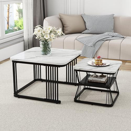 Merax Quadratisch Couchtisch 2er Set, Moderne Wohnzimmertisch mit Marmoroptik, Hochglänzend Satztisch mit Stauraum, für Wohnzimmer, Balkon und Büro, Metallgestell, Weiß und Schwarz