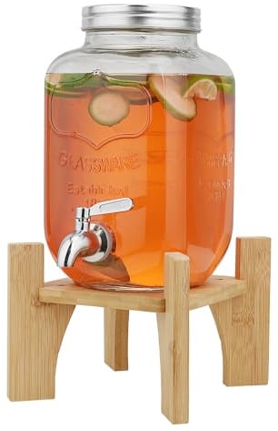 Hiziwimi 4L Getränkespender mit Ständer, Getränkespender aus Glas mit Zapfhahn aus massivem Edelstahl (4L-Glas mit Ständer aus Bambus), Recommended use temperature≦45°C