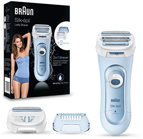 Braun Ladyshaver Silk-épil, Damenrasierer Elektrisch, LS5160, Blau - 3-in-1 Elektrischer Rasierer, Trimmer und Peeling System, Wasserdicht, Inkl. Peeling-Aufsatz und Trimmeraufsatz