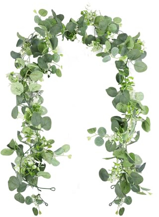 Eukalyptus Girlande künstlich 1,8 m mit weißen Blüten für Hochzeit | Üppige grüne Blätter und weiße Blüten für Tisch, Kamin, Hochzeit, Party und ganzjährige Raumdekoration