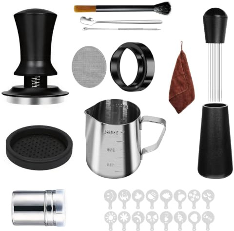 TechVizrs Kaffee Tamper 51mm Set, 28-Teiliges Espresso Barista Zubehör Set | Barista Set mit Stampfer mit Federmechanismus, Aufschäumkrug, Barista Tuch, Puck Screen, Latte Art Stift, Tampermatte