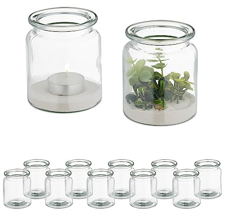 Relaxdays Windlicht, 12er Set, aus Glas, innen & außen, HxD: 9,5 x 8 cm, runde Teelichthalter, Hochzeit, transparent