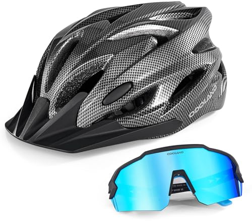 Odoland Fahrradhelm Herren Damen mit Fahrradbrille, Radhelm Größenanpassung (54-62 cm) I optimierte Belüftung I MTB Mountainbike Helm, Kohlefaser