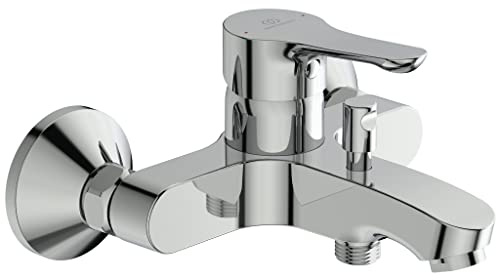 Ideal Standard Alpha Badearmatur Aufputz, wassersparender Wasserhahn Badezimmer, mit Zugumsteller Wanne/Brause und verstellbaren S-Anschlüsse, leicht zu reinigen – Chrom (199x184x110 mm)