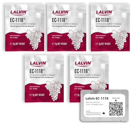 Lalvin EC-1118 Weinhefe (5 Pack) - Champagner-Hefe - Machen Sie Wein Met Apfelwein Kombucha zu Hause - 5 g Beutel - Saccharomyces cerevisiae - Verkauft von CAPYBARA Distributors Inc.