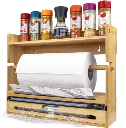 naturlik 4-in-1 Folienschneider: Frischhaltefolienspender, Küchenrollenhalter, Alufolienspender & Gewürzregal – Premium Wandrollenhalter für die Küche