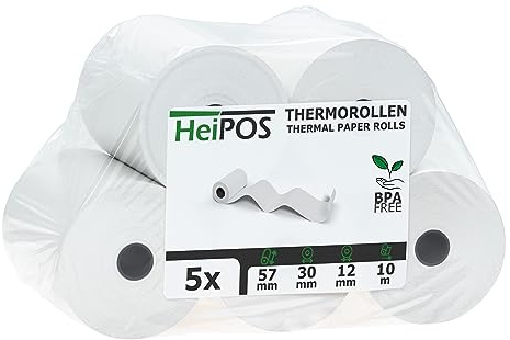 HeiGroup HeiPOS 5x Thermorollen 57mm x 10m x 12mm (Ø 30mm) - Kassenrollen für SumUp, Zettle & mobile EC-Terminals - BPA-frei - 57x10m Thermopapier