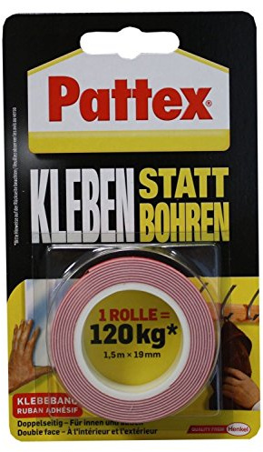Pattex Kleben statt Bohren Klebeband, extra starkes doppelseitiges Klebeband, Doppelklebeband für Montagearbeiten innen & außen, Wandbefestigung ohne Bohren, 19mm x 1,5m