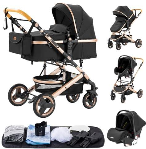YAZOCO kinderwagen 3 in 1 Buggy Babybett Komplett Set Einem Klick Zusammenklappbarer Kinderwagen, KombiKinderwagen Aluminiumrahmen für Neugeborene (Schwarz)