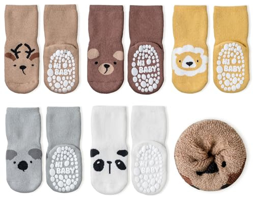 SockWaddles Stoppersocken Kinder Baby, 5 Paar ABS Atmungsaktiv Antirutschsocken Kinder, Krabbelsocken Baby Baumwolle, Jungen und Mädchen Crew Socken mit Tiere