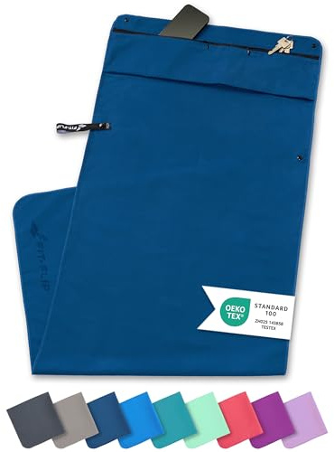 Fit-Flip Fitness Handtuch aus Mikrofaser - mit Magnet und Reißverschluss Tasche - Fitnesshandtuch für Sport und Gym - Kompakt & Schnelltrocknend - Sporthandtuch Fitnessstudio - Marineblau - 130x48cm