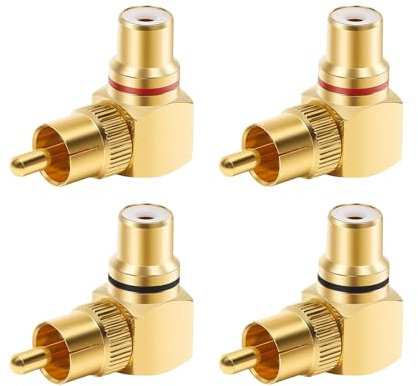 VOSSOT 4 Stück Rechtwinkliger Cinch Stecker, 90 Grad Konverter, Cinch Winkelstecker Adapter Vergoldet, RCA Stecker Auf Buchse für AV-Video Oder Stereo-Audio, Mikrofone, Tonanlagen (Rot und Schwarz)