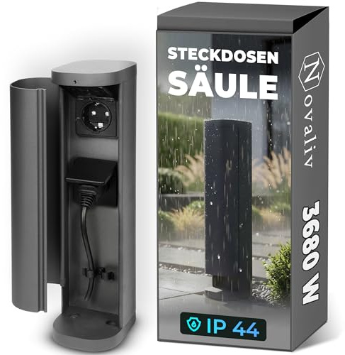 Novatool Steckdosenturm 2-fach außen Anthrazit rund mit Blende IP44 Steckdose Aussen Gartensteckdose Outdoor Steckdosesäule Garten Steckdosenturm
