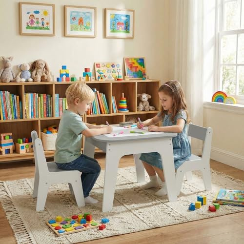 MAMIZO Kindertisch mit 2PCS Stühlen,Kindersitzgruppe,Kindertisch, Kindermöbel für Kinderzimmer, Stauraum,Kinder Tisch Stuhl Set, Maltisch& Bauplatte, Kindersitzgarnitur,Sitzgruppe,Grau