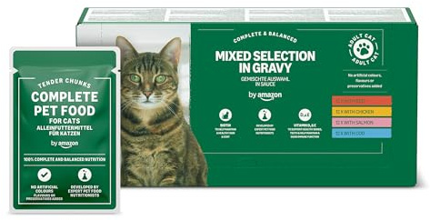 by Amazon Katzenfutter, nass, für ausgewachsene Katzen, Gemischte Auswahl in Sauce, 4.8kg (48 Packungen mit 100g)