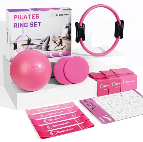 Goocrun Pilates Ring Set Trainingsgeräte Tragbar Home Gym. mit Übungsbändern, Widerstandsbändern, Pilatesball, Gleitscheiben – Mit Übungsanleitungr