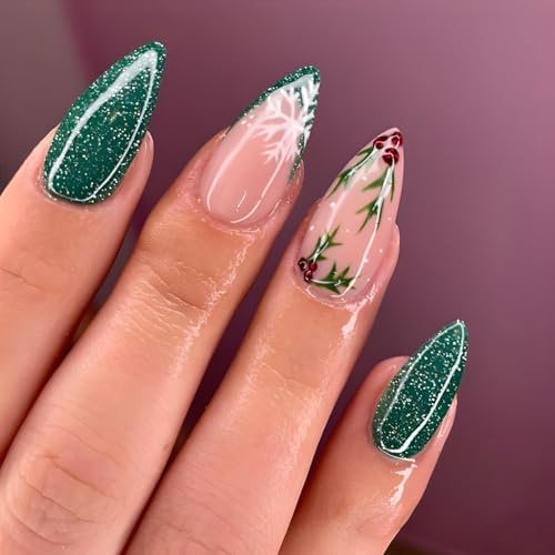 BelleFlair 24 Stück Press on Nails Weihnachten Mandel Mittel, Grün Glitzer Weihnachtsnägel mit Schneeflocken Design, Künstliche Fingernägel French Tip Glänzend, Nägel Zum Aufkleben für Frauen