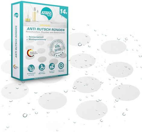 AnTina TAPES® Premium Anti-Rutsch-Aufkleber als Pads für Dusche & Badewanne | Badematte Duschmatte | Sticker Zertifiziert rutschhemmend & selbstklebend | 14 Stück 9 cm (ø) Transparent