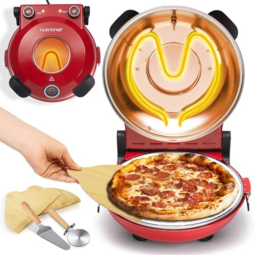 NutriChef Pizzaofen Elektrisch – Ø 35,5cm Abnehmbarer Keramikstein, 1200W bis 430°C, Ober-/Unterhitze Getrennt Regelbar, Sichtfenster, Antihaft