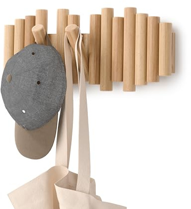 Umbra Picket Garderobenhaken - Garderobenleiste und Moderne Wand Dekoration mit 5 Klapphaken aus geschliffenem Kiefernholz, Natur