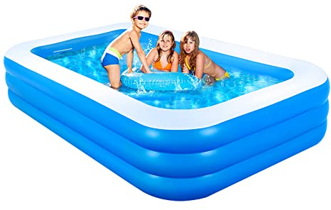 GALAXYER Aufblasbares Planschbecken, 3 Ringe Family Pool für Kinder, Kleinkinder, Erwachsene, Indoor Outdoor Garten Blau Swimmingpool, 205 × 125 × 45 cm